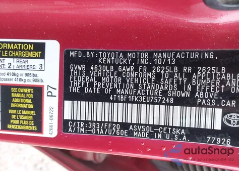 2014 Toyota Camry Se из США, поврежденный, VIN 4T1BF1FK3EU757248